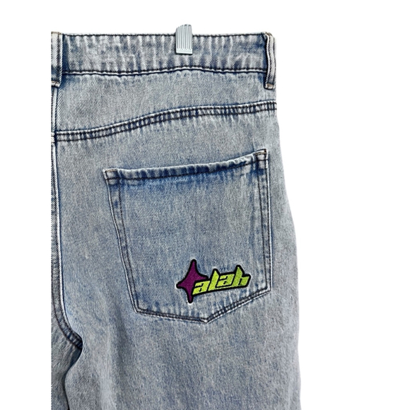 ALAB Skull Rave Jeans Ultra Wide Leg Embroidered Denim Pants Size 10 Y2K Blue - Picture 7 of 8